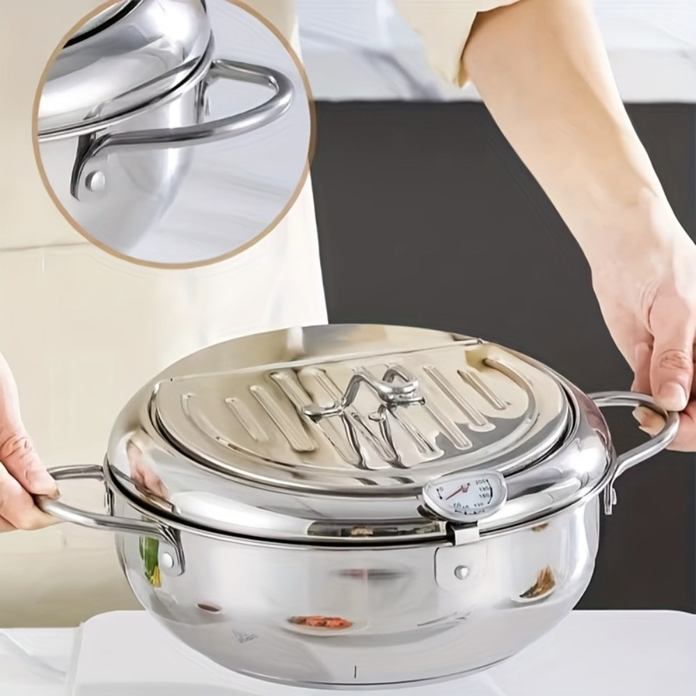 Olla freidora de acero inoxidable con tapa, sartén para freír profunda que ahorra aceite con termómetro, utilizada para freír papas fritas, alitas de pollo y camarones, compatible con estufas de gas y placas de inducción, utensilios de cocina | Suministro