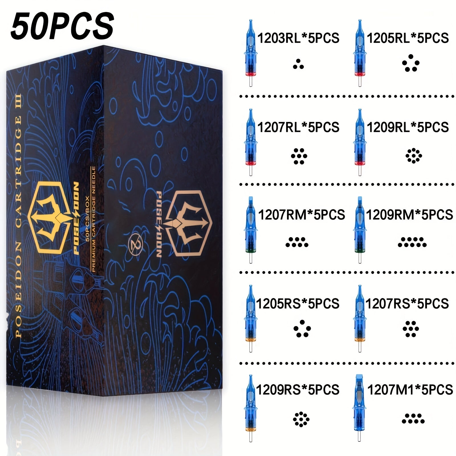 Agujas de Cartucho para Tatuaje POSEIDON V3 50pcs Tamaño Mixto, Agujas Estériles con Cartuchos de Seguridad con Membrana - 1203Rl, 1205RL, 1207RL, 1209RL, 1207RM, 1209RM, 1205RS, 1207RS, 1209RS, 1207M1