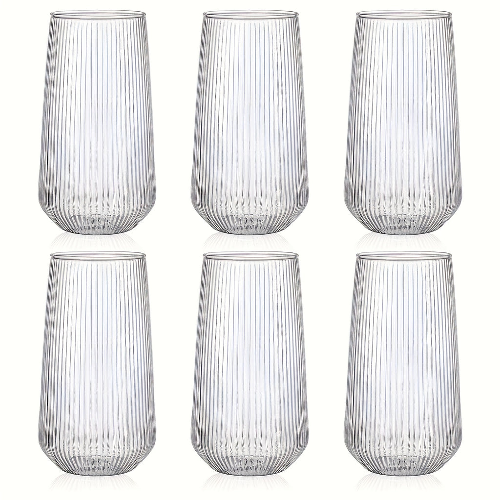 Almacén Local, Juego de 6 Vasos de Vidrio Vintage a Rayas, Hechos de Vidrio de Borosilicato, Resistentes a Cambios de Temperatura, Aptos para Lavavajillas. Ideales para Café, Agua Caliente, 500ml/17oz. Perfectos para Bares, Cafeterías, Heladerías y Uso en