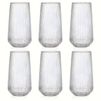 Almacén Local, Juego de 6 Vasos de Vidrio Vintage a Rayas, Hechos de Vidrio de Borosilicato, Resistentes a Cambios de Temperatura, Aptos para Lavavajillas. Ideales para Café, Agua Caliente, 500ml/17oz. Perfectos para Bares, Cafeterías, Heladerías y Uso en