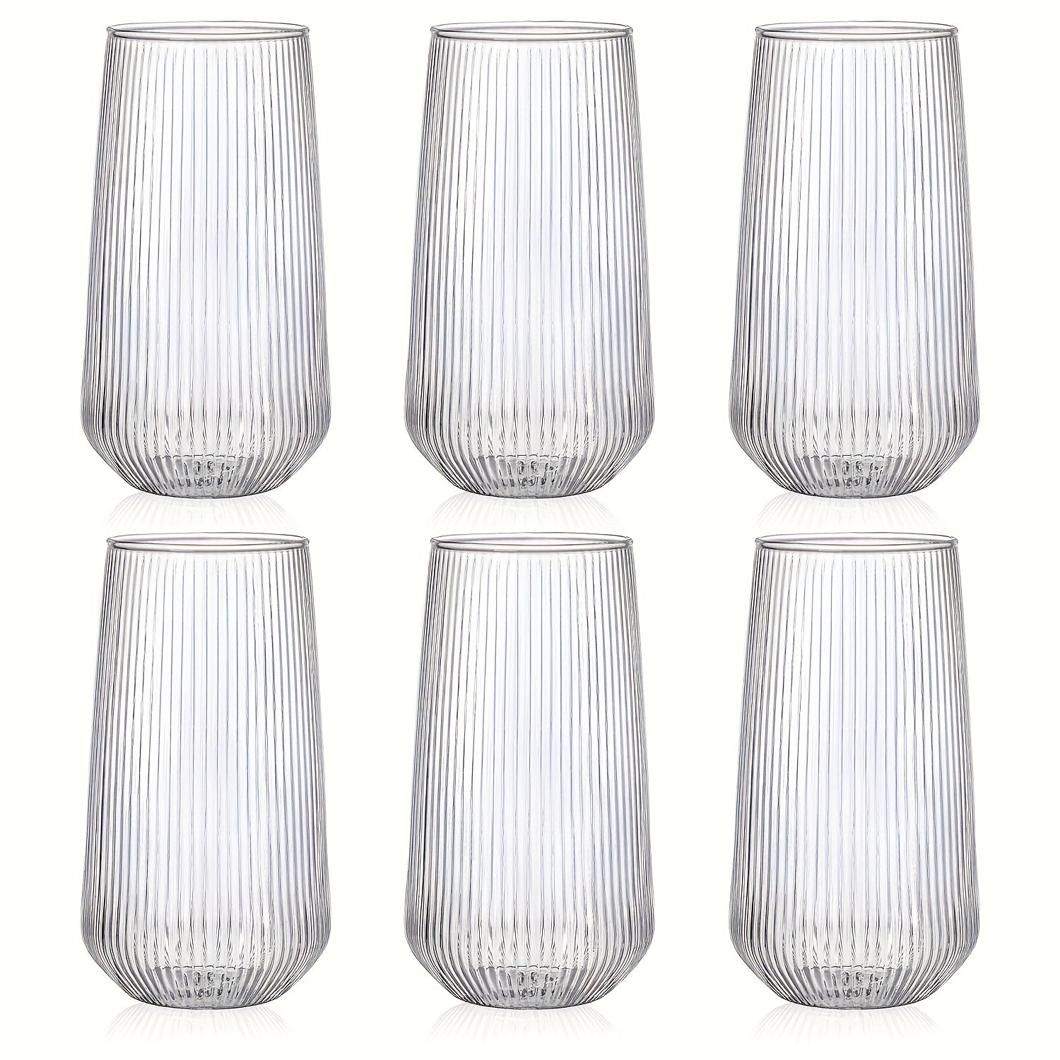 Almacén Local, Juego de 6 Vasos de Vidrio Vintage a Rayas, Hechos de Vidrio de Borosilicato, Resistentes a Cambios de Temperatura, Aptos para Lavavajillas. Ideales para Café, Agua Caliente, 500ml/17oz. Perfectos para Bares, Cafeterías, Heladerías y Uso en