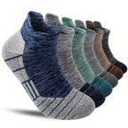 Seis pares de calcetines tobilleros de lana merino, ideales para senderismo y running. Estos calcetines de trabajo ofrecen soporte de compresión, absorben el sudor y son transpirables con un amortiguamiento grueso. Son de corte bajo y están diseñados para