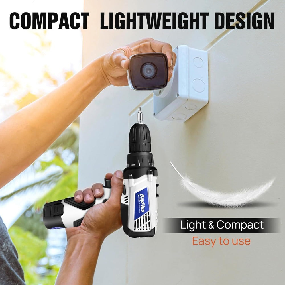 Atornillador Inalámbrico de Poder con 1x O 2x Baterías y 23 Puntas, 18+1 Ajuste de Torque, Taladro Combi de 2 Velocidades, Kit de Taladro con Garfio de 3/8" con Caja de Almacenamiento para Bricolaje en el Hogar, Luz LED para Cemento, Hormigón, Techo, Ladr