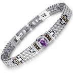 Pulsera magnética de 3500 Gauss para mujeres, piedra púrpura elegante incrustada en acero inoxidable, diseño único, con 3 hebillas inteligentes, longitud ajustable, viene con herramientas de extracción y caja de regalo exquisita