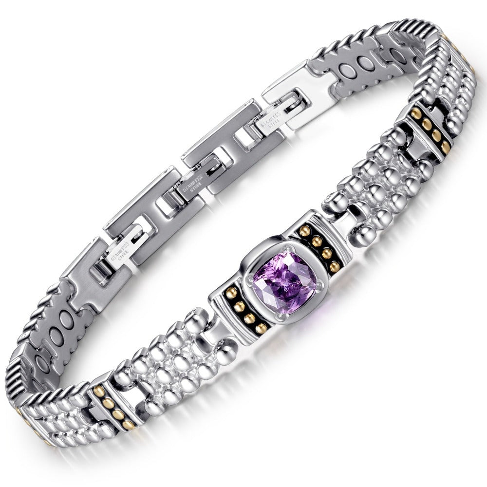 Pulsera magnética de 3500 Gauss para mujeres, piedra púrpura elegante incrustada en acero inoxidable, diseño único, con 3 hebillas inteligentes, longitud ajustable, viene con herramientas de extracción y caja de regalo exquisita