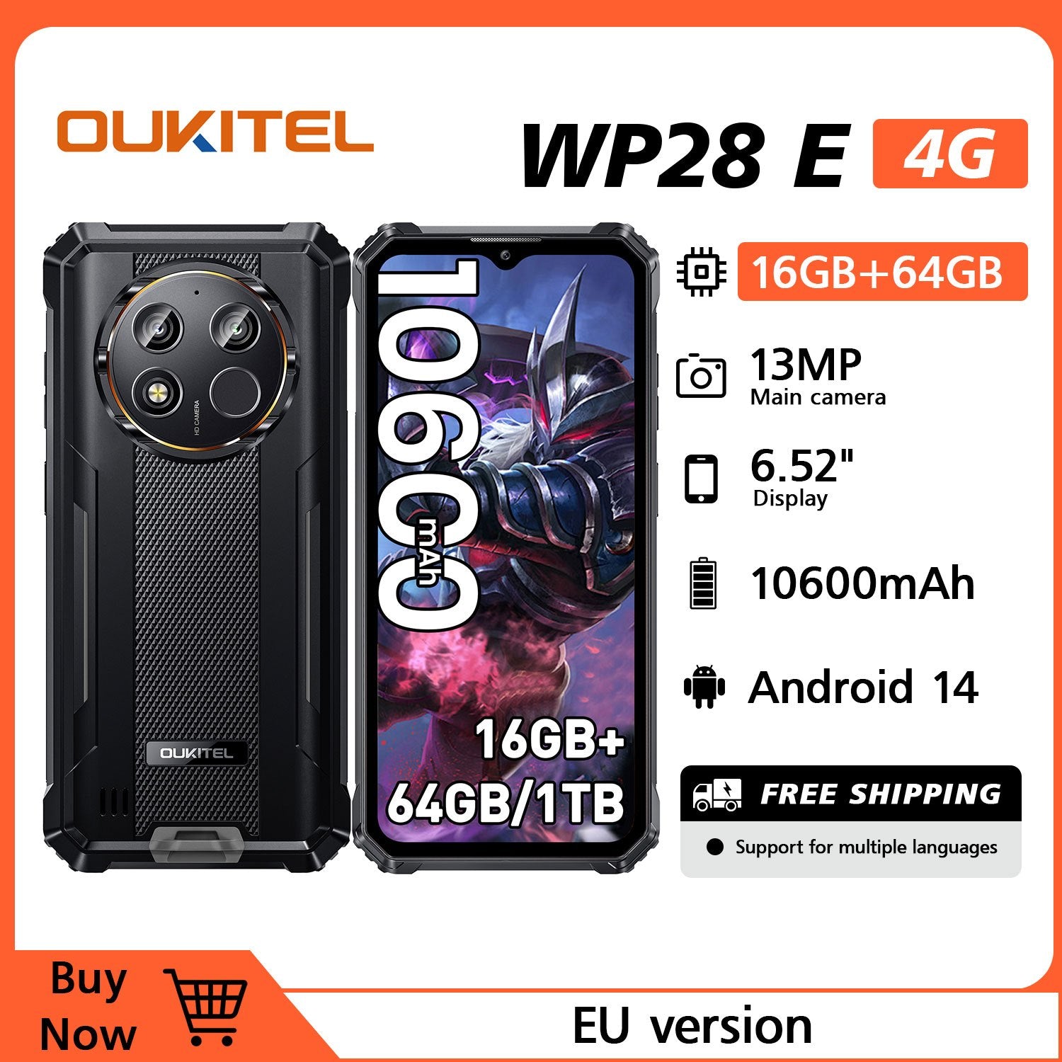 OUKITEL WP28E (2024) Móvil - 16GB RAM+64GB ROM (TF 1TB) Teléfono Movil Android 14 10600mAh, Movil 6.52 HD Pulgadas, Cámara 13MP+ 5MP, 4G Dual SIM/OTG/IP68/IP69K/GPS/NFC