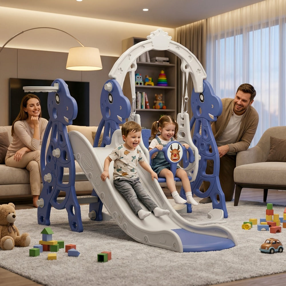 Tobogán infantil arqueado 4 en 1, tobogán infantil con columpio y canasta de baloncesto, longitud del tobogán 145 cm, apto para toboganes infantiles de interior y exterior, toboganes de jardín, toboganes para niños pequeños, parques infantiles