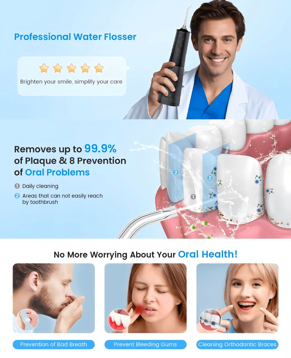 Irrigador bucal portátil recargable, hilo dental con agua para dientes, irrigador dental inalámbrico profesional 8 boquillas 5 modos, IPX7 a prueba de agua 300ML para limpiar los dientes, hogar y viaje