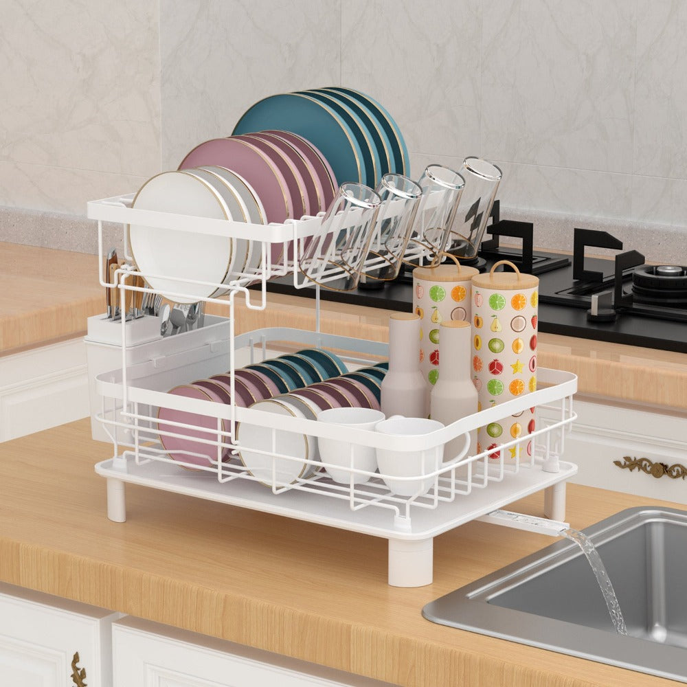 Estante de Platos de Doble Capa, Escurridor de Platos con Plato de Drenaje y Boquilla Giratoria, Estante de Platos con Organizador de Cubiertos y Portavasos - Regalo Perfecto para Mujeres, Esposa, Día de la Madre, Accesorio de Cocina