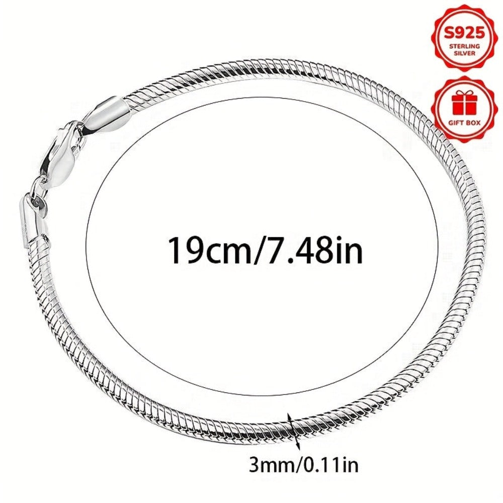 Pulsera de Cadena de Hueso de Serpiente Simple y Elegante en Plata 925, Estilo Chic y Versátil, Perfecta para Uso Diario, Regalos de San Valentín, Regalos de Vacaciones, Ideal para Cumpleaños y Vacaciones en la Playa