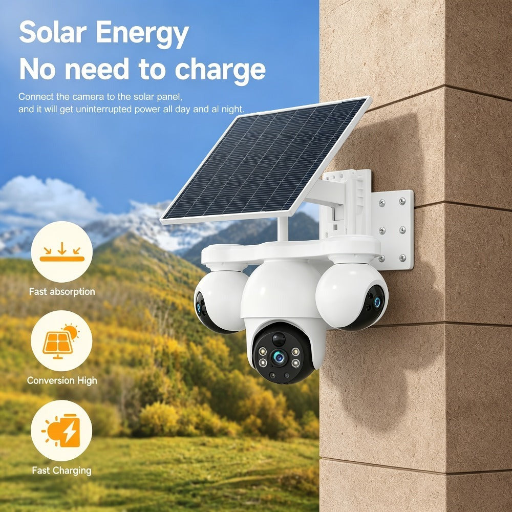 Cámara de seguridad solar solar exterior de 8MP con triple lente y triple vista 4G, videovigilancia, rotación panorámica-inclinable PTZ 360°, seguimiento de movimiento, detección humana PIR, audio bidireccional, visión nocturna a todo color, notificacione
