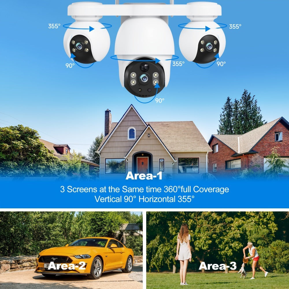 Cámara de seguridad exterior de 8MP con sistema PTZ de triple lente, /inclinación de 355°, detección humana PIR, audio bidireccional, visión nocturna a todo color, cámara WiFi adecuada para vigilancia empresarial, aplicación y notificaciones de alarma