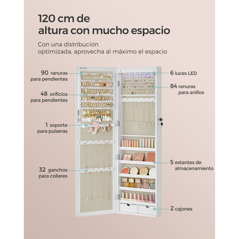 Armario Joyero Con Espejo, Joyero Para Pared O Puerta, Con Cerradura, 2 Cajones, 10 X 37 X 120 Cm, organizador pulseras collares pendientes anillos, diseño moderno accesorios joyas decoración dormitorio elegante, Regalos de Festivos, Regalos de Navidad