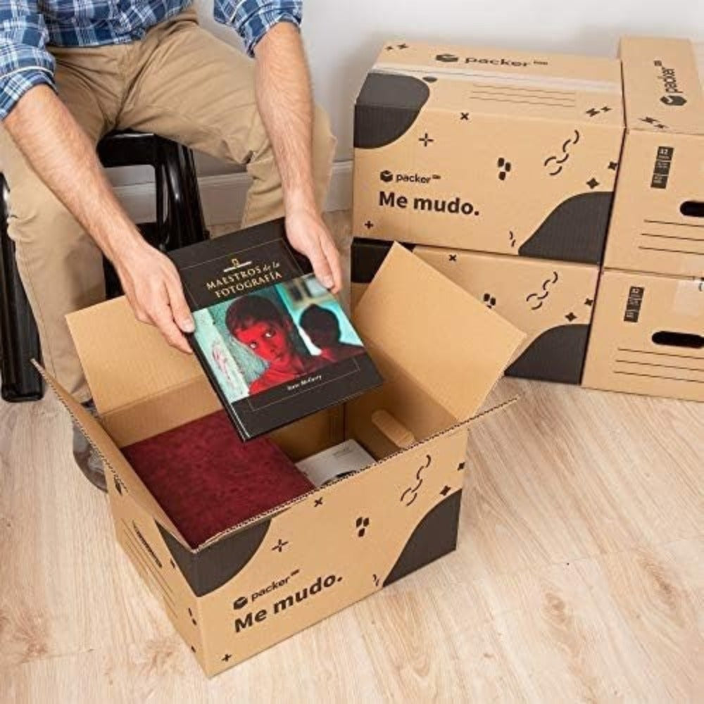 Caja Cartón para Mudanzas y Almacenaje Ultra Resistentes con Asas, Cartón Resistente de Máxima Durabilidad, Tamaño Ideal para Mudanzas y Almacenaje de Libros, Objetos y Ropa, Asas Laterales para Manejo Fácil y Seguro - packer PRO