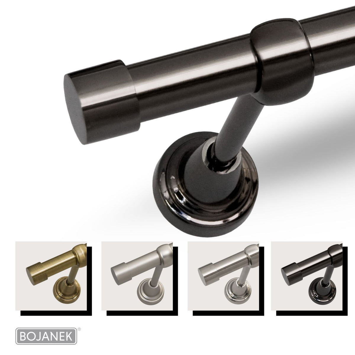 Barra de Cortina de Metal Montada en la Pared para Cortinas y Visillos – BOJANEK – 4 Colores, 8 Longitudes (120 - 600 cm) – Barra de Cortina Robusta, Ajustable y Duradera para Sala, Dormitorio, Cocina, Baño, Oficina; Barra de Cortina Perfec