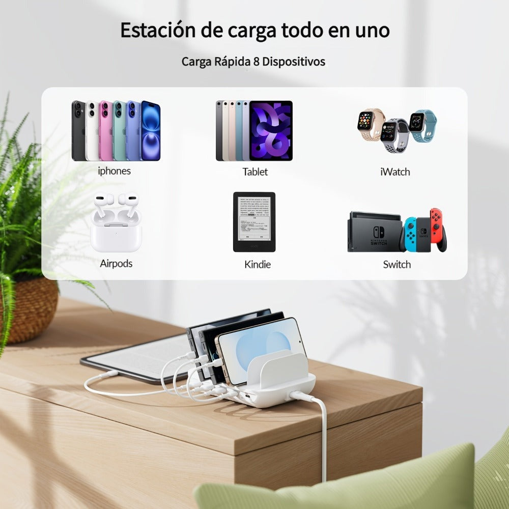 Soopii Hub de Carga Multi-Dispositivo de 5 Puertos, con 2 Puertos PD de 20W para Carga Rápida y 3 Puertos USB Compatibles con iPhones, iPhone 17, Smartphones, Tablets y Más. Incluye un Organizador de Cables, Perfecto para Regalos de Navidad. (Cables No In