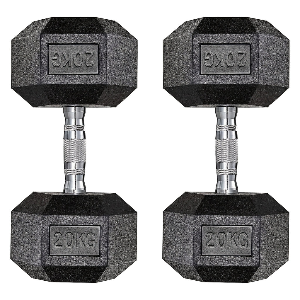 Juego de 2 Mancuernas Hexagonales de 20 kg cada una, con Revestimiento Antideslizante, Mango Ergonómico, de Goma Poli, para Entrenamiento con Pesas