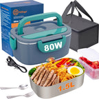 Lonchera verde de 80 W, 1.5L, de acero inoxidable, desmontable, portátil, con caja para pan y calentamiento por V, para coche/camión/oficina, con bolsa térmica