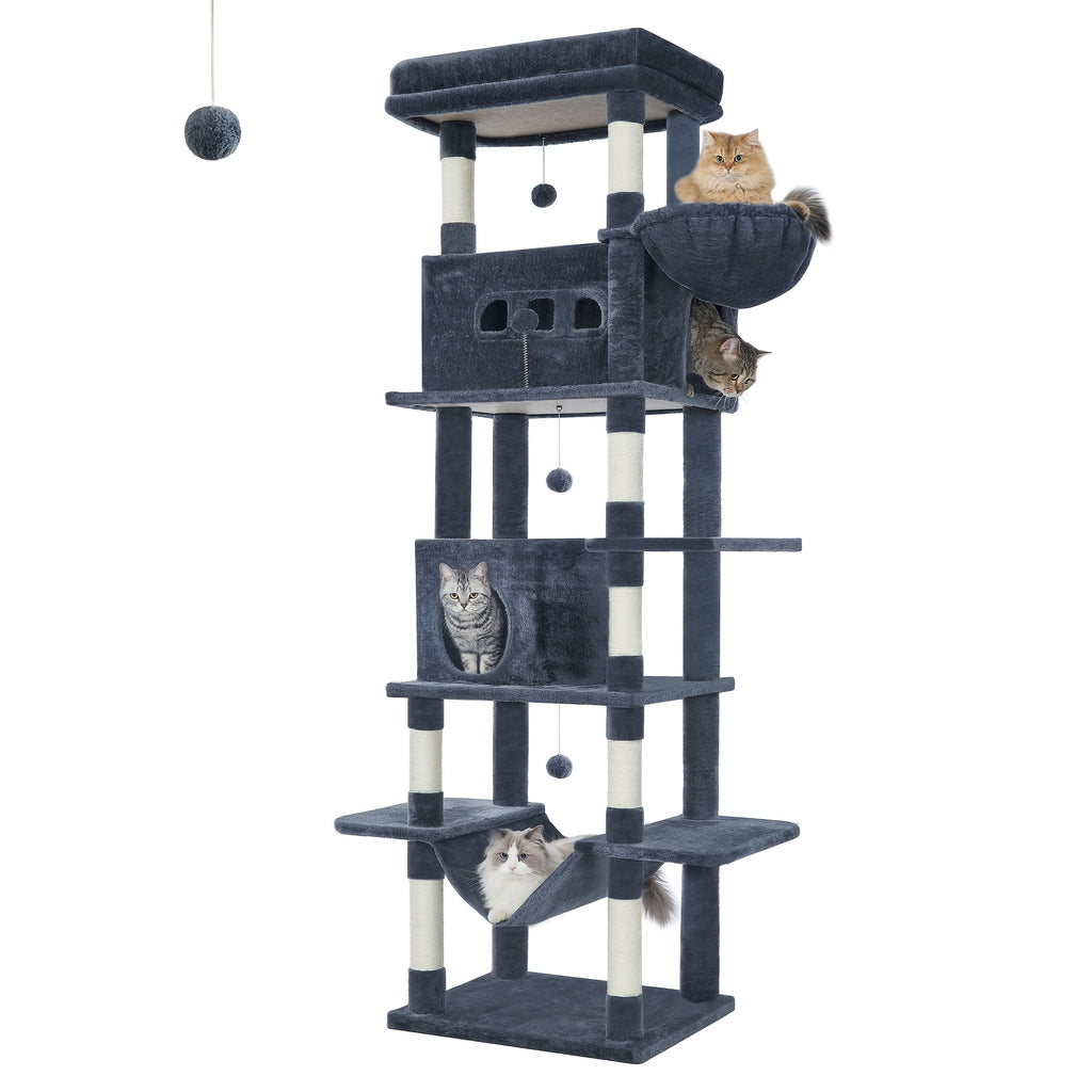 Árbol para Gatos de Interior, Torre Alta de 210 cm con Múltiples Niveles, Casa para Gatos, 8 Postes Rascadores, Hamaca y 4 Pompones
