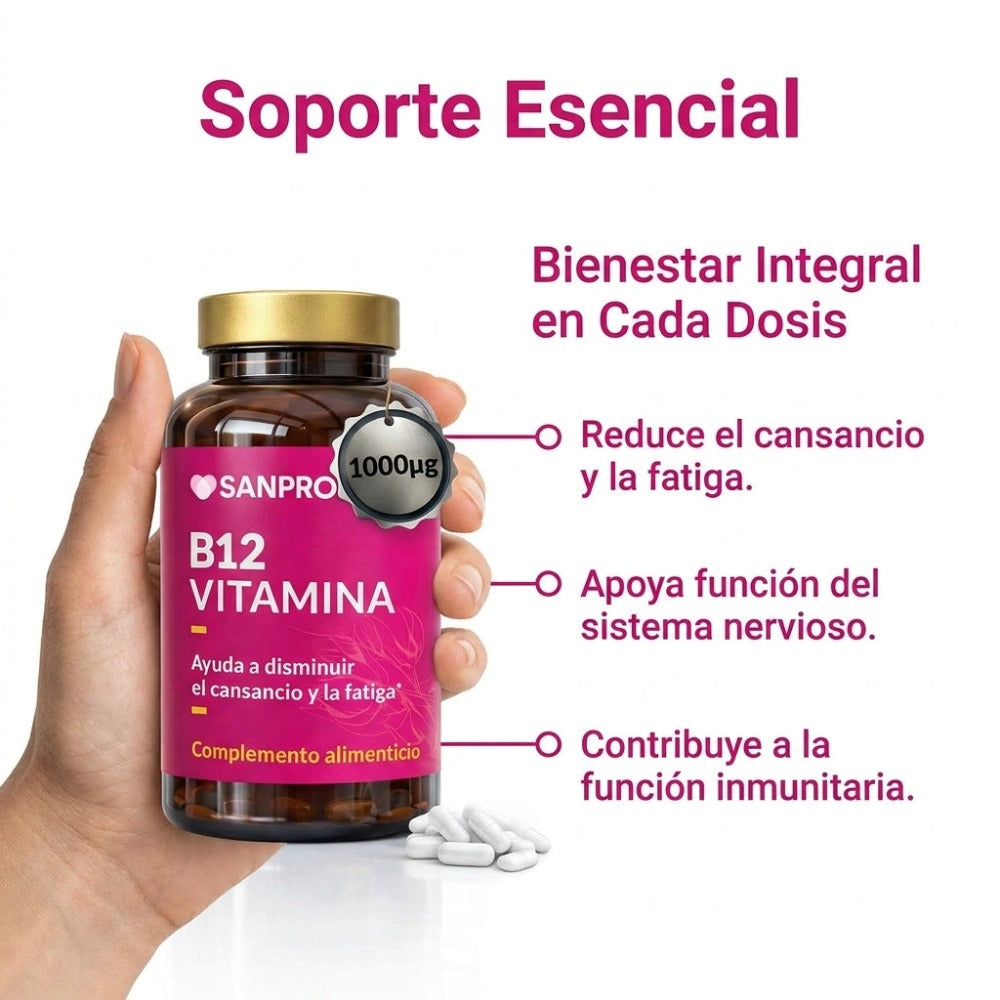 Vitamina B12 1000µg Alta Dosis | 60 Cápsulas Veganas - Sin OGM | Cianocobalamina Alta Absorción | San Pro