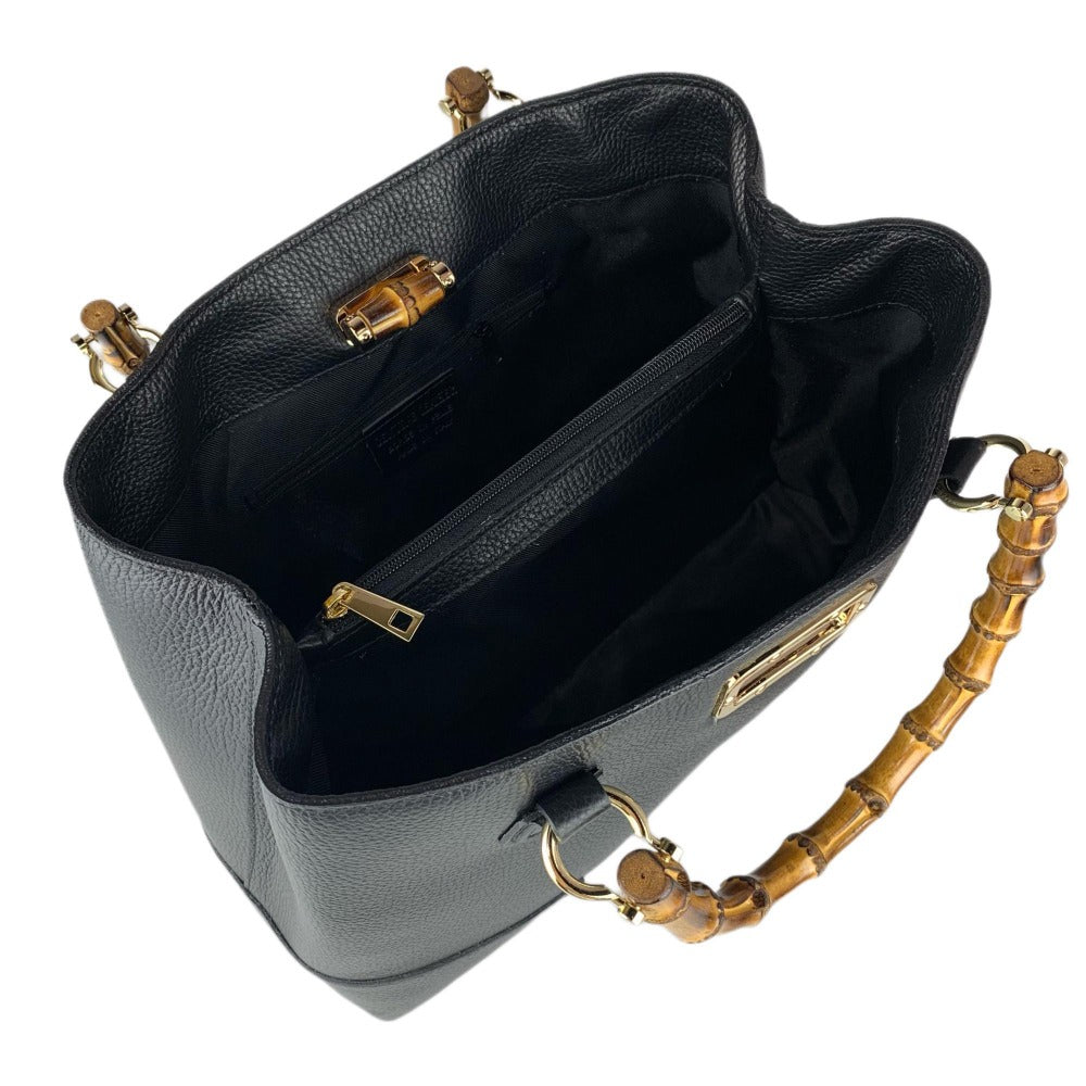 Bolso de cuero real con asas de bambú hecho en Italia, bolso de mujer, bolso de bambú de cuero
