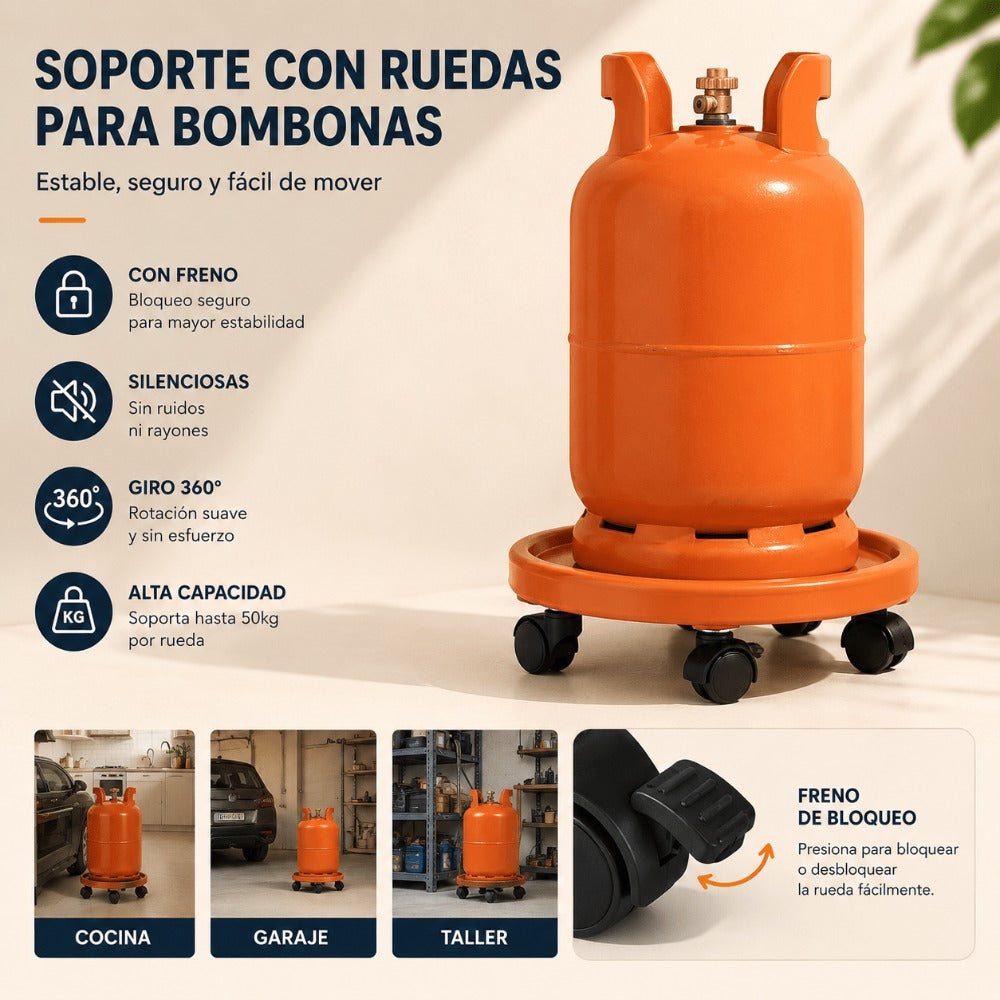 Soporte para bombona butano, Portabombonas, Carro Porta bombona Gas, Portamacetas, Plástico, Incluye 4 Ruedas, 33,5 cm de diámetro y 7,5 cm de Alto, Naranja