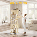 Árbol para Gatos, 203 cm con Plataforma Grande, Cueva Doble, 7 Postes Rascadores Pomponas Reposadería Hamaca Adecuado Para Todo TipodeGato Gris Claro/grisescuro Beige
