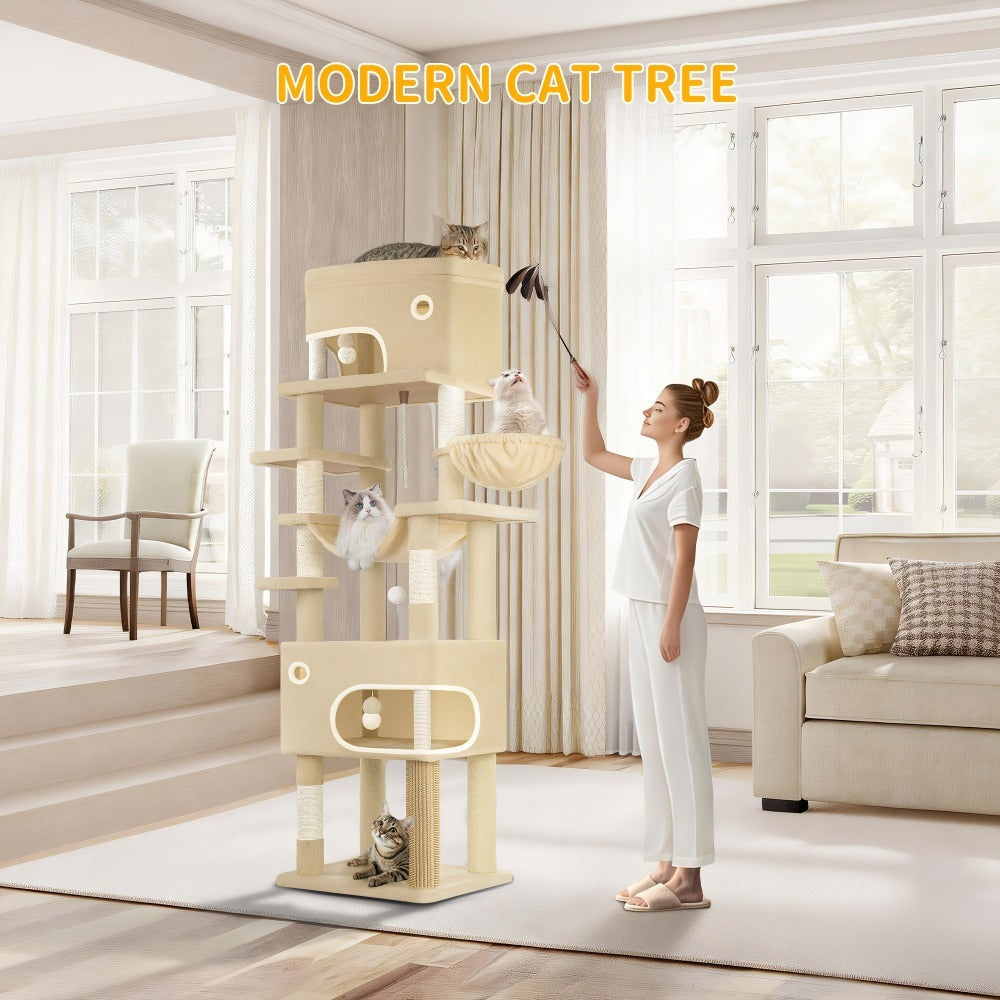 Árbol para Gatos, 203 cm con Plataforma Grande, Cueva Doble, 7 Postes Rascadores Pomponas Reposadería Hamaca Adecuado Para Todo TipodeGato Gris Claro/grisescuro Beige
