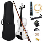 Violín de madera con arco, cuerdas, paño de limpieza y hombro - Elegante extremo blanco, incluye arco y accesorios para principiantes y profesionales, accesorios para violín, calidad profesional, diseño clásico, artesanía de alta calidad