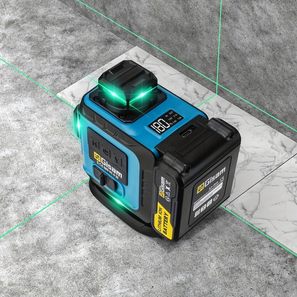 Nivel láser láser verde 4D multifuncional Gisam de 16 líneas con trípode y control por aplicación, autonivelante 360° con líneas cruzadas horizontales y verticales, alimentado por USB y batería, incluye estuche de transporte, haz superpotente, diseño port
