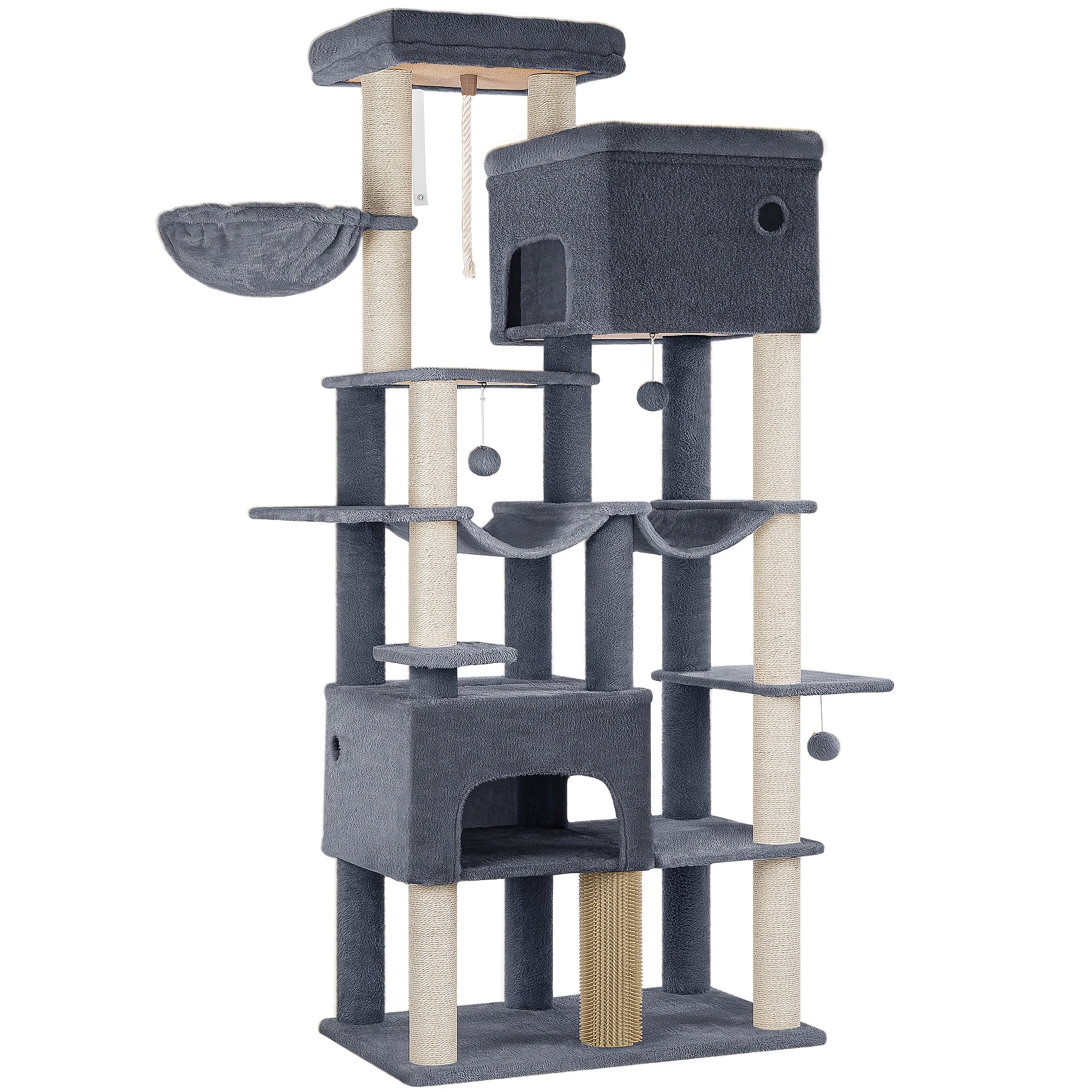 Árbol para Gatos, 200cm XXL con 10 Postes Rascadores, 2 Cuevas, 2 Hamacas, Plataforma Grande, Peines y Canasta Incluidos. Árbol Resistente Ideal para Maine Coon o Grandes Felinos en Colores Gris Claro/Gris Oscuro/Beige