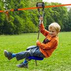 Colección de 9 piezas para ziplining en el patio trasero, que incluye un kit de tobogán de zipline para exteriores, una polea estrecha con un gancho triangular, un juego de cintas planas anaranjadas estrechas, un columpio azul de ABS, una bolsa de almacen