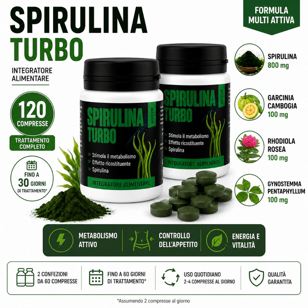 Spirulina Turbo – Suplemento Dietético a Base de Espirulina – 60 Tabletas Veganas de 500 mg – Apoyo para la Rutina Diaria y el Bienestar