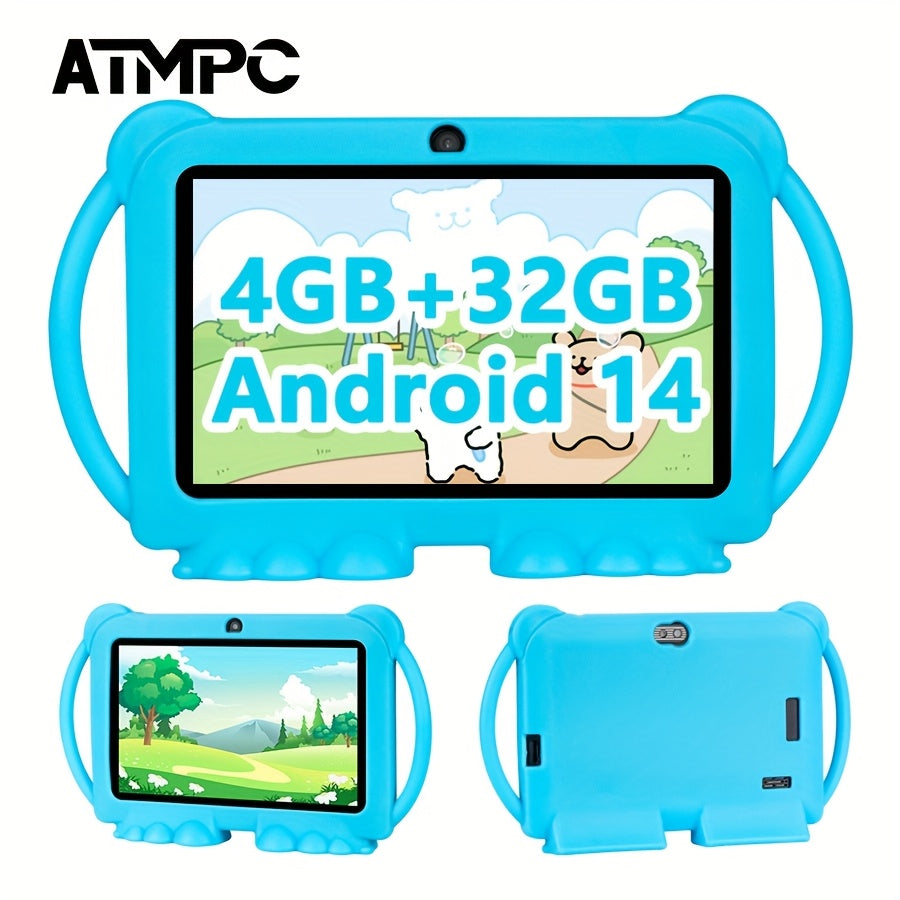 EATMPC, Tableta para Niños de 17.78 cm con Control Parental, Android 14 y 4GB RAM, 32GB ROM, Pantalla IPS Protección Ocular, Aplicaciones Educativas Preinstaladas, GMS, Funda Antigolpes, Compatible Netflix y YouTube, Rojo/Azul