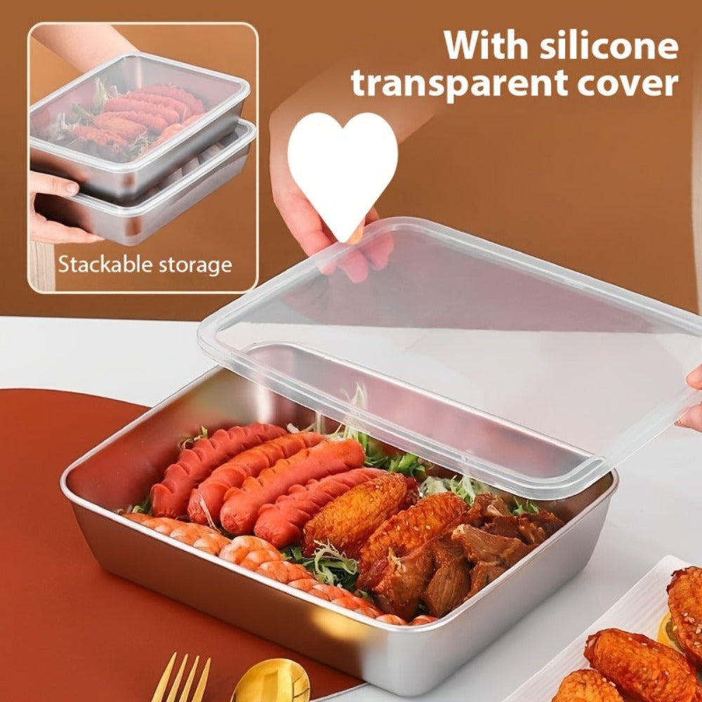 Juego de 6 recipientes de acero inoxidable para alimentos, apilables con tapas, aptos para microondas, con tapa abatible, cuadrados, adecuados para ensaladas, frutas, almacenamiento de alimentos, organizador de cocina, conservación de la frescura en el re