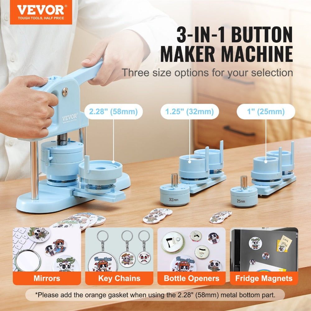 VEVOR Máquina para Hacer Botones, 1/1.25/2.28 pulgadas (25/32/58mm) 3 EN 1, Máquina para Poner Pines, 300 Piezas para Botones, Máquina para Hacer Botones con Libro Mágico de Panda, Kit de Prensa de Punzonado con Mango de Arco Ergonómico, Para Regalos DIY
