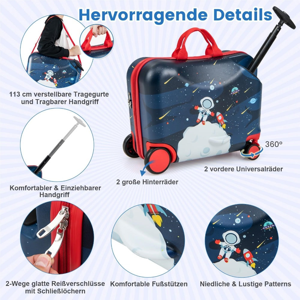Juego de Equipaje Infantil de 2 Piezas + Mochila, Maleta con Ruedas de 12"+18" y Carcasa Impermeable, Equipaje para Niños y Niñas con Tema de Astronauta (Tema Astronauta)