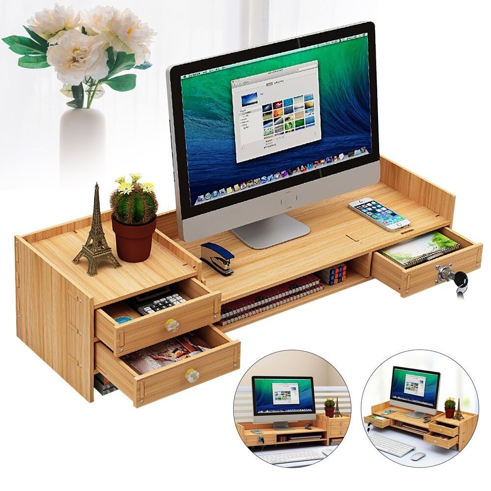 Organizador de escritorio de madera con cajones, material de oficina, escritorio de computadora, mesa de escritorio