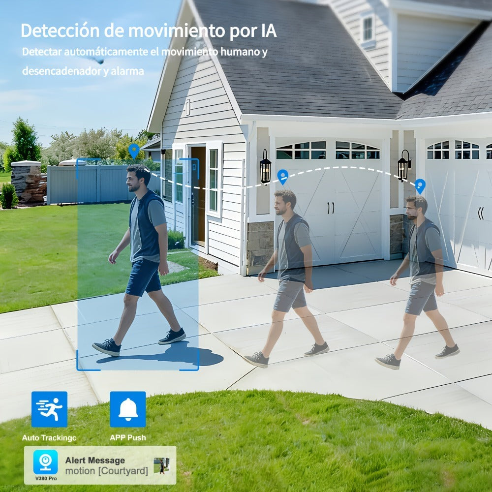 Cámara de seguridad exterior de 8MP con sistema PTZ de triple lente, /inclinación de 355°, detección humana PIR, audio bidireccional, visión nocturna a todo color, cámara WiFi adecuada para vigilancia empresarial, aplicación y notificaciones de alarma