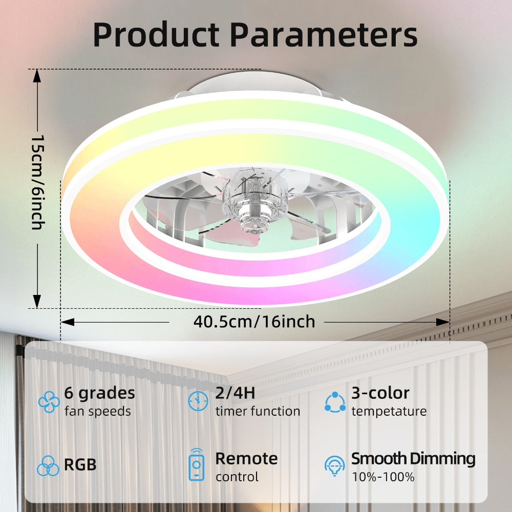 Ventilador de techo con luz de 41.5 cm, ventiladores de techo silenciosos de 25 W, regulable 3000K-6500K-RGB, 6 velocidades de viento con control remoto, temporizador, memoria de luz, ventilador reversible