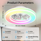 Ventilador de techo con luz de 41.5 cm, ventiladores de techo silenciosos de 25 W, regulable 3000K-6500K-RGB, 6 velocidades de viento con control remoto, temporizador, memoria de luz, ventilador reversible
