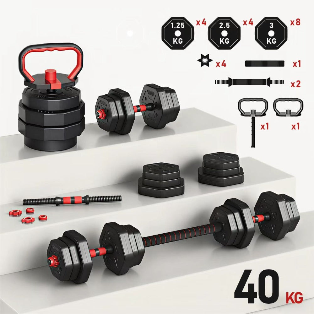 Juego de mancuernas ajustables 2 en 1 de 40 kg. Este juego multifuncional incluye discos para mancuernas, barra de conexión y barra para pesas rusas. Compatible con diversas barras de conexión, ideal para hombres y mujeres.，mancuernas pesadas
