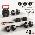 Juego de mancuernas ajustables 2 en 1 de 40 kg. Este juego multifuncional incluye discos para mancuernas, barra de conexión y barra para pesas rusas. Compatible con diversas barras de conexión, ideal para hombres y mujeres.，mancuernas pesadas