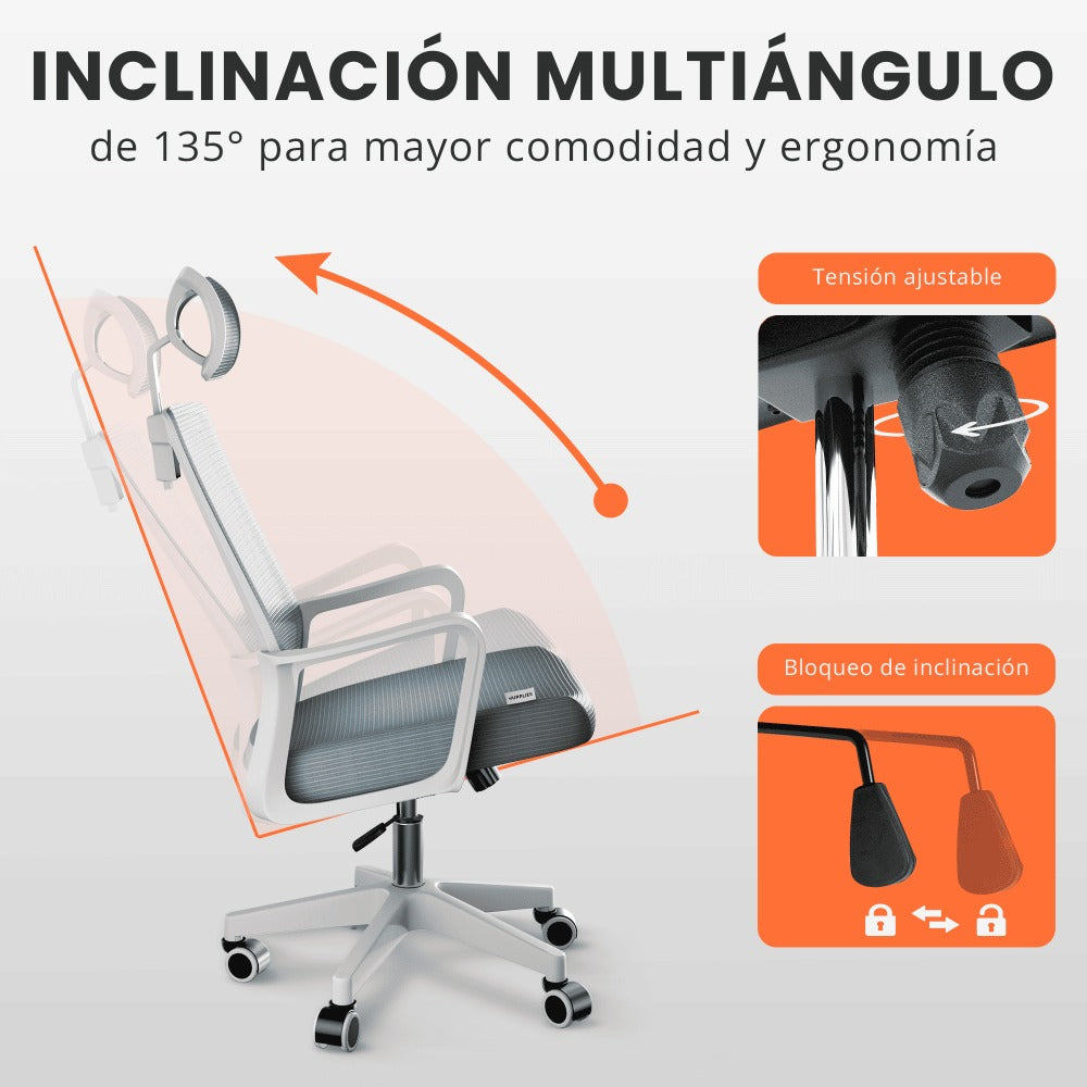 RELAXTY Silla de Oficina Ergonómica – Ajustable y Reclinable con Reposacabezas, Soporte Lumbar, Malla Transpirable y Ruedas 360° | Soporta Hasta 100 kg