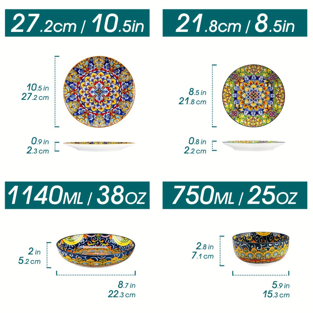 Juego de vajilla de estilo bohemio de 24 piezas, patrón de doble cara, juego de porcelana con platos, platos de postre, tazones para cereales, tazón para pasta, servicio para 6 personas