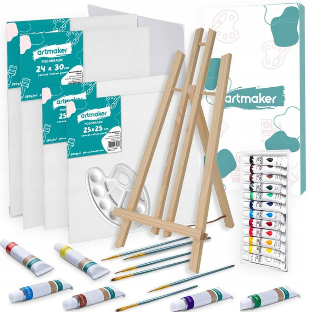 Set de Pintura Artística Grande para Pintar con Caballete de Mesa de Madera de 50 CM y 4 Lienzos de 24X30 y 25X25 CM. El Set También Incluye 12 Colores de Pinturas Acrílicas de 12 ML Cada, 6 Pinceles y una Paleta de Pintura. Este Es un Set Artístico Compl
