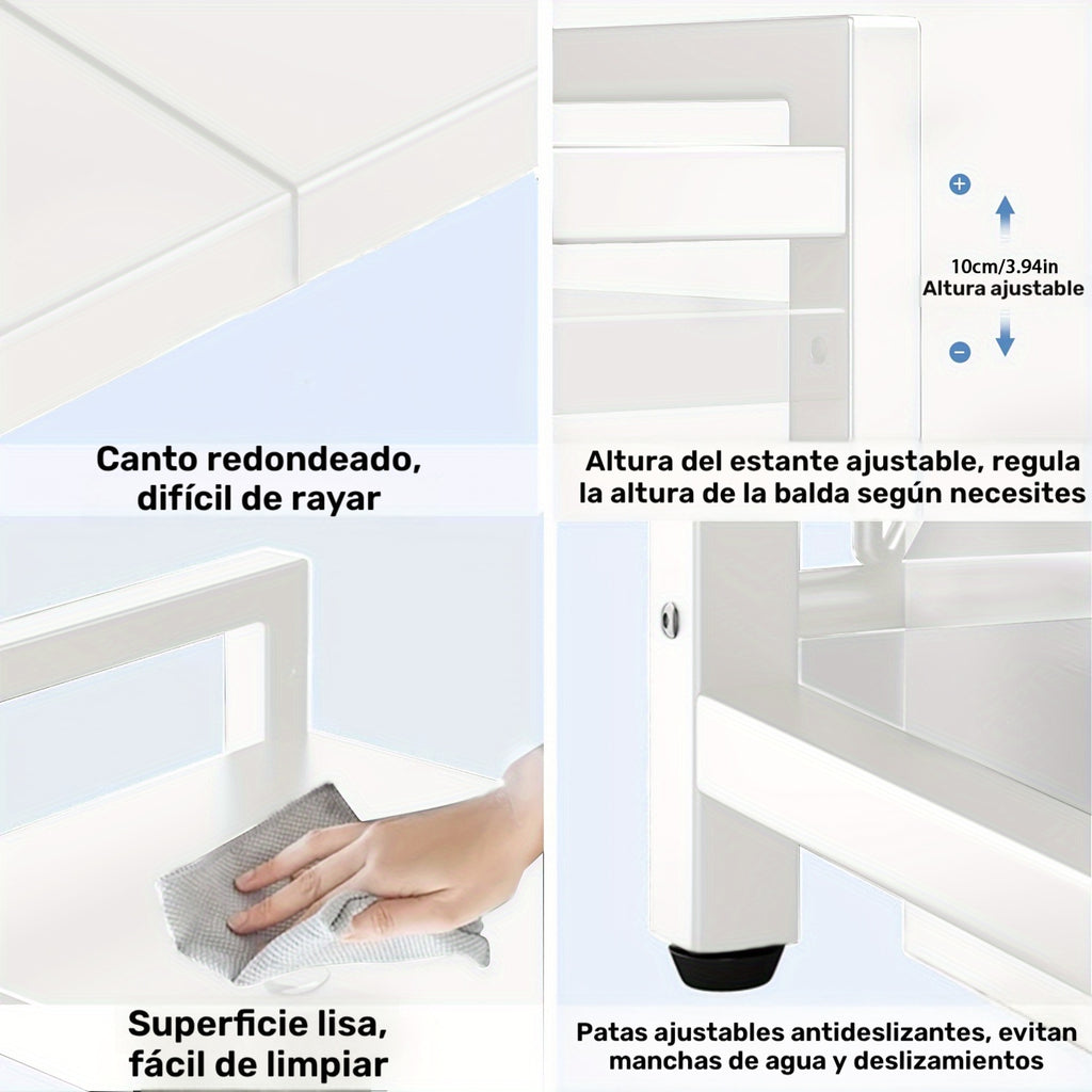 Estante Extensible para Microondas de 2 Niveles con 5 Ganchos, Soporte para Tabla de Cortar y 3 Toallas, Organizador de Cocina, Estante para Hornear en Microondas para Encimeras, Extensible de 40-64 cm (, Blanco)