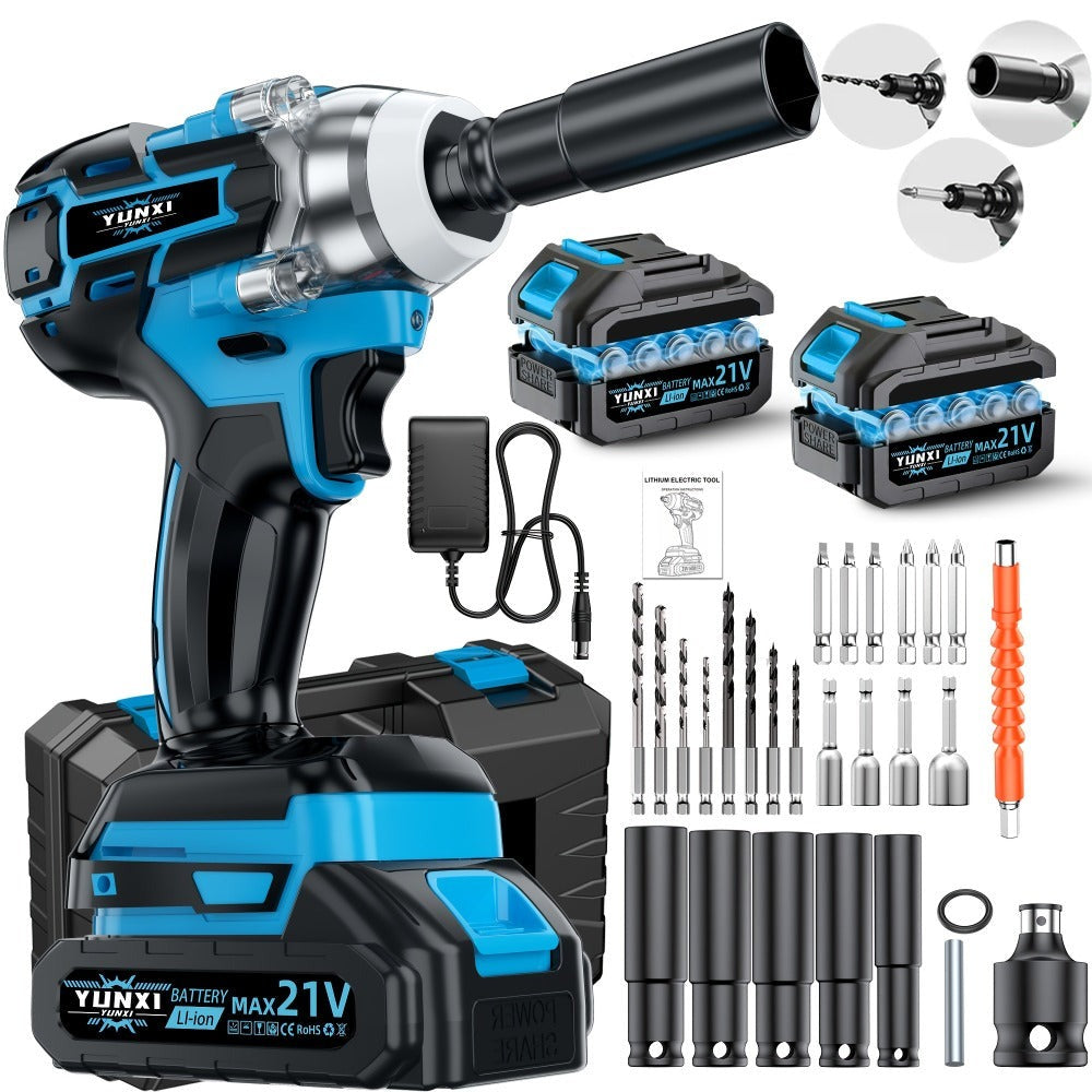 Llave de impacto eléctrica sin escobillas de alto torque, llave inalámbrica con batería de litio, kit eléctrico multifuncional opcional, agarre ergonómico, herramienta profesional portátil, adecuada para reparación de automóviles y juego de herramientas p
