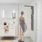 Panel de ducha con accesorios, sistema de ducha 5 en 1 con estante incorporado, juego de ducha multifuncional que incluye ducha de mano, ducha de masaje, ducha de cascada, accesorio de ducha de lluvia, juego de ducha de acero inoxidable 304