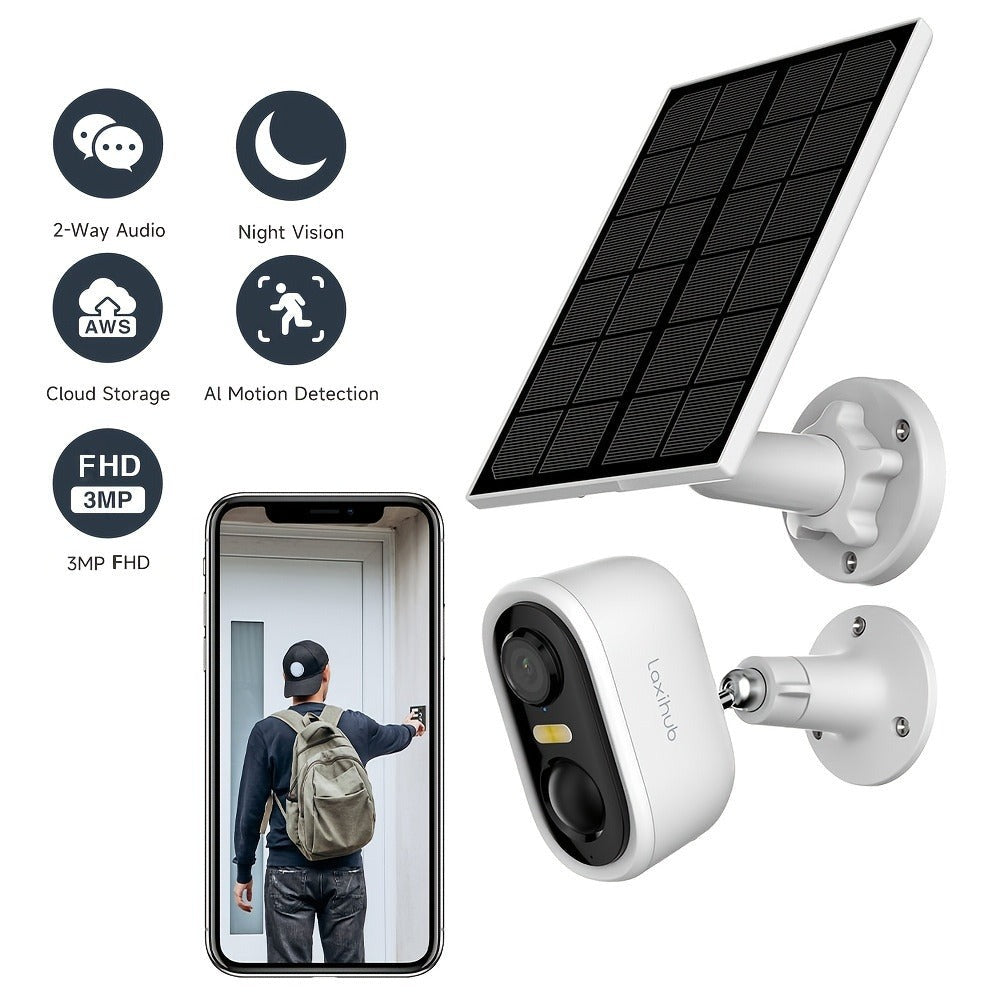 4pcs Cámara de Seguridad Solar LaxiHub, Cámara Inteligente Inalámbrica para Exteriores con Energía Solar, WiFi para Hogar, IP65, Visión Nocturna en Color, Audio Bidireccional, Seguimiento de Movimiento con IA, Control por APP